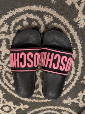 Moschino Black Slides with Pink Logo Strap